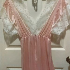 Vintage 1980's Lingerie 100% Nylon, Peach long gown with White Lace.